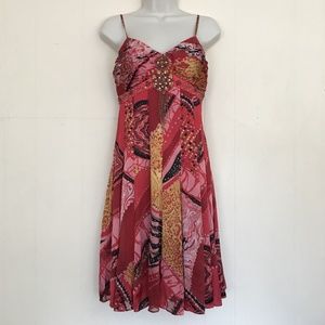 Sue Wong Red 100% Silk Mixed Pattern Beaded Dress